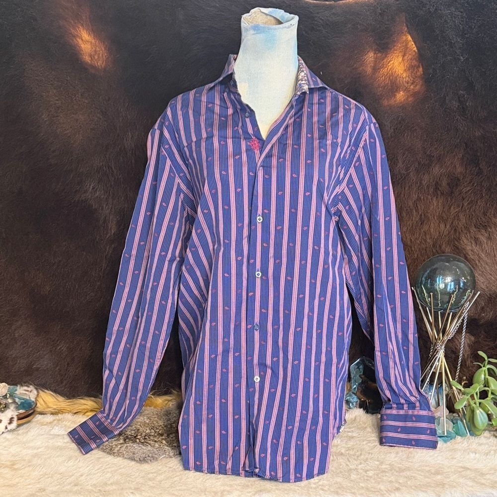 Men's Blue and Pink Striped Shirt L (5025D)